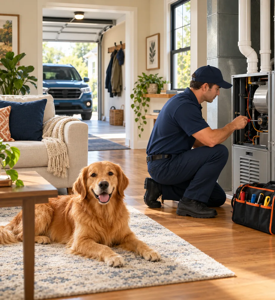 A technician in a navy uniform servicing a home heating and cooling unit while a golden retriever rests on the living room rug and a car sits in the open garage
